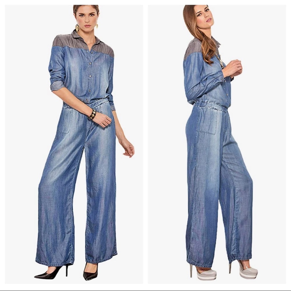 NWT! Standards & Practices Contrast Shoulder Tencel Denim Flare Jumpsuit